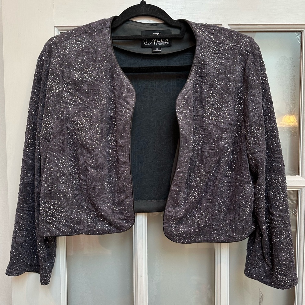 Alex Evenings Bolero Jacket Cardigan Size 16 Blue Grey Smoke Silver Metallic NWT